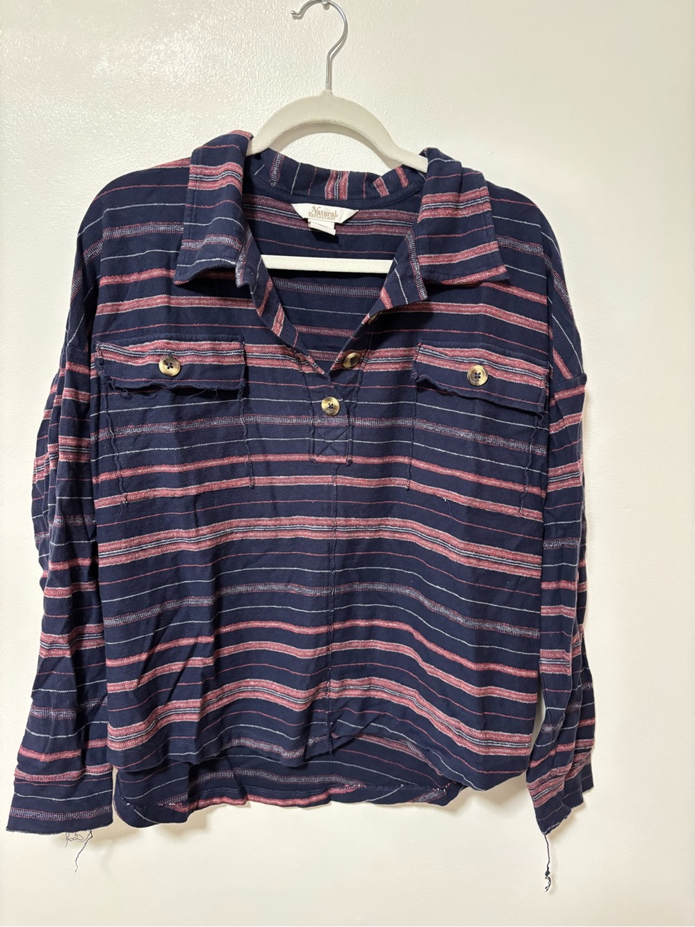 Natural Reflections Navy and Pink Striped Button-Front Shirt
